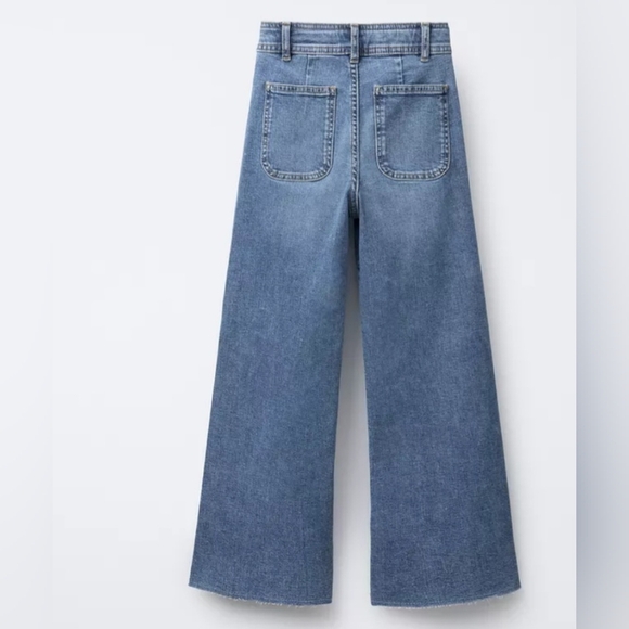 Zara Wide-Leg Flat Front Blue Raw Hem Stretchy Sz 4 US Jeans - Picture 3 of 11